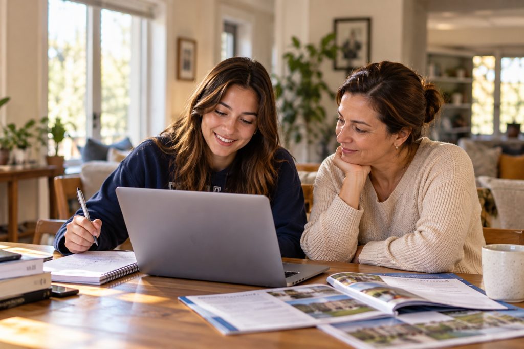 A mother and her college-bound daughter smiling at a laptop with college brochures