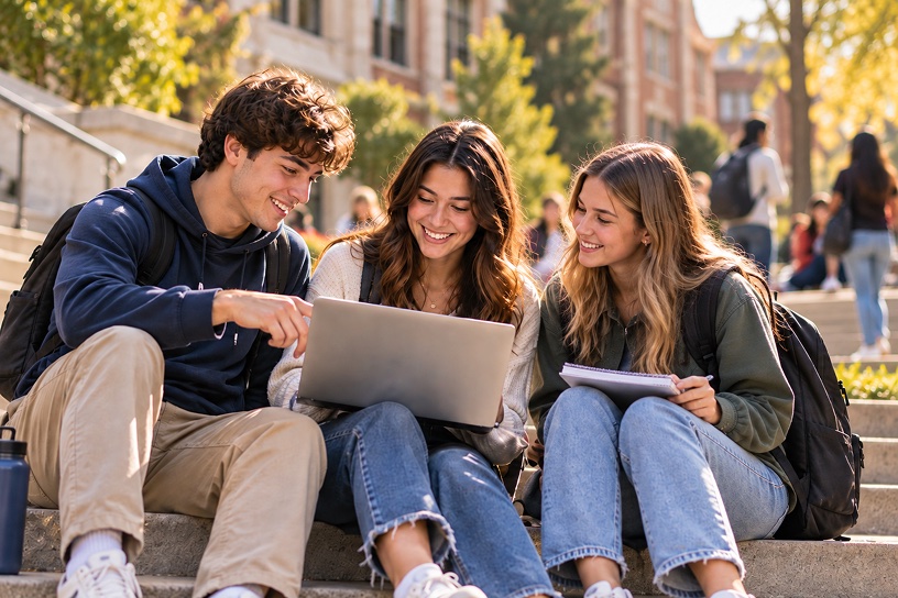 Three students sitting on campus steps looking at a laptop