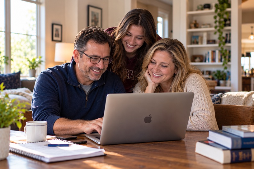 Parents and their college-bound daughter smiling at a laptop at home