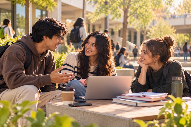 Three students talking and studying together outdoors on campus